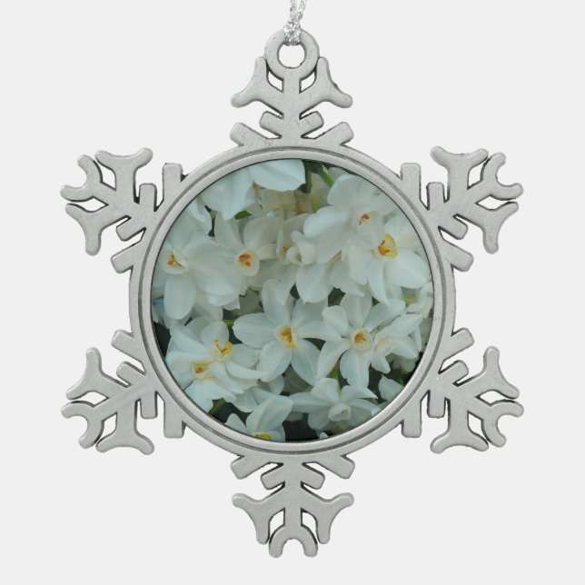 Paperwhite Narcissus Delicate White Flowers Snowflake Pewter Christmas Ornament (Front)