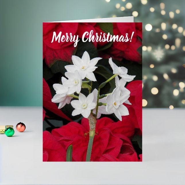 Paperwhites and Red Poinsettias Floral Foil Holiday Card (Holiday In Situ 2)