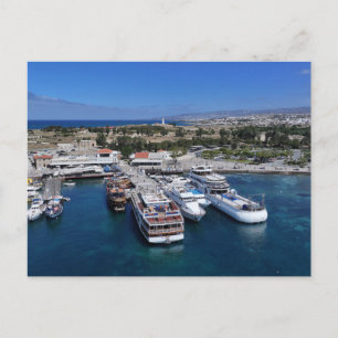 Paphos harbour drone view with lighthouse postcard