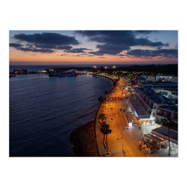 Paphos seafront and harbor at night poster (Front)