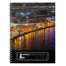 Paphos seafront at night, drone view