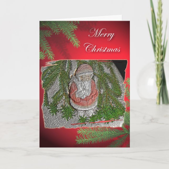 Papier Mache Red Coated Santa Christmas Card (Front)