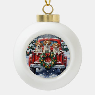 Papillon Christmas Red Truck Holiday Ceramic Ball Christmas Ornament