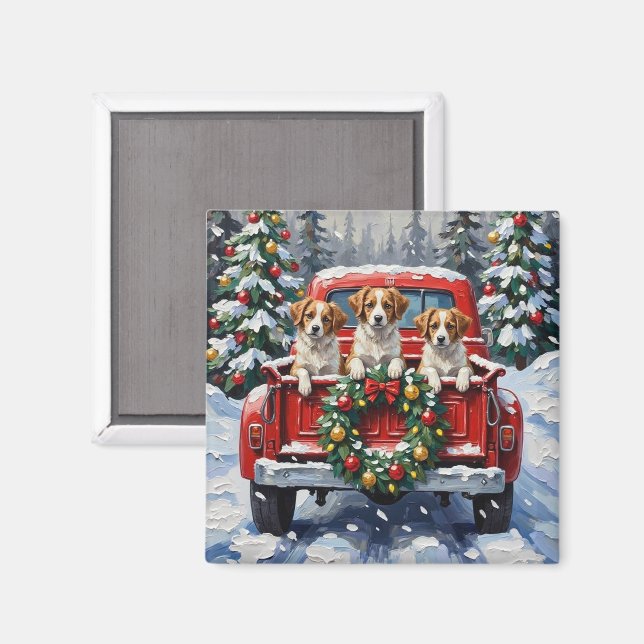 Papillon Christmas Red Truck Holiday Magnet (Front/Back)