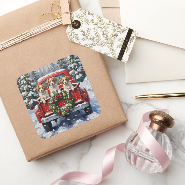 Papillon Christmas Red Truck Holiday Square Sticker (Gifting)