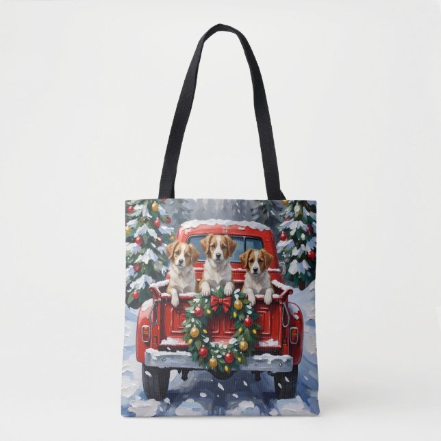 Papillon Christmas Red Truck Holiday Tote Bag (Front)