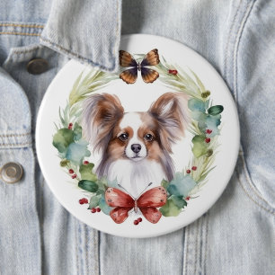 Papillon Christmas Wreath Festive Pup  6 Cm Round Badge
