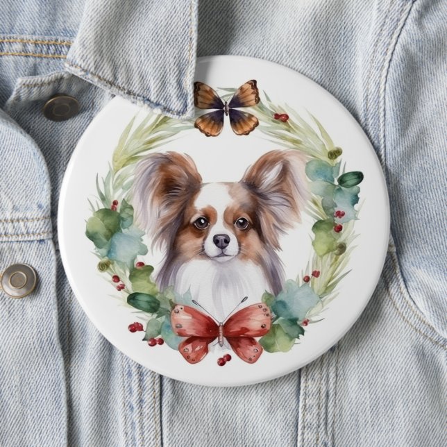 Papillon Christmas Wreath Festive Pup  6 Cm Round Badge (In Situ)