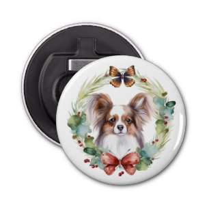 Papillon Christmas Wreath Festive Pup  Bottle Opener