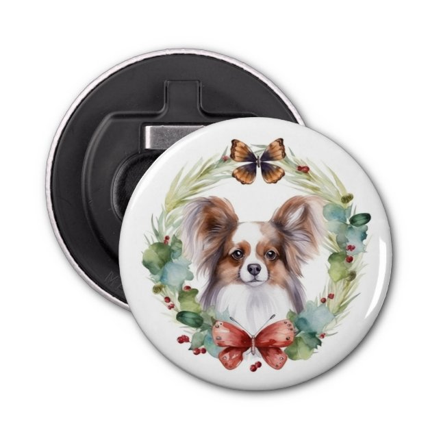 Papillon Christmas Wreath Festive Pup  Bottle Opener (Front)