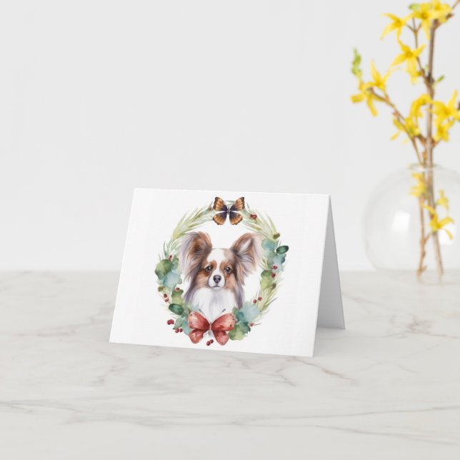 Papillon Christmas Wreath Festive Pup  Card (Yellow Flower)
