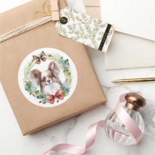 Papillon Christmas Wreath Festive Pup  Classic Round Sticker