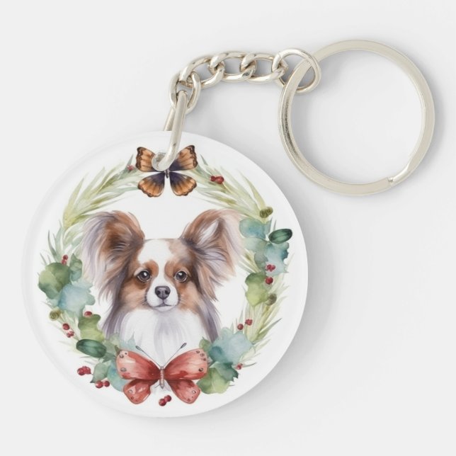 Papillon Christmas Wreath Festive Pup  Key Ring (Back)