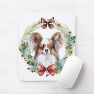 Papillon Christmas Wreath Festive Pup Mouse Pad