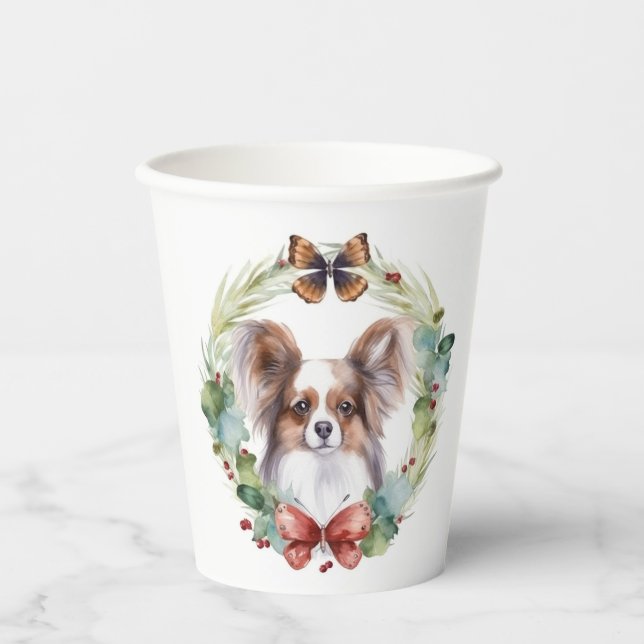 Papillon Christmas Wreath Festive Pup  Paper Cups (Front)