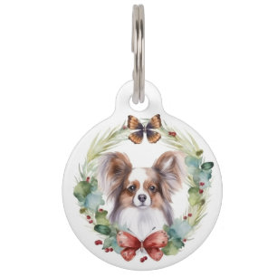 Papillon Christmas Wreath Festive Pup  Pet Tag