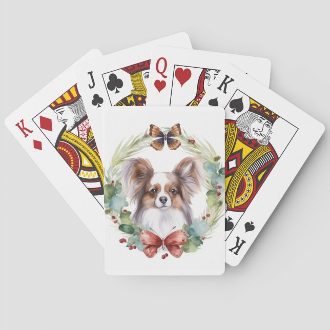 Papillon Christmas Wreath Festive Pup  Playing Cards (Back)
