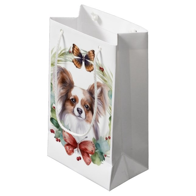 Papillon Christmas Wreath Festive Pup  Small Gift Bag (Front Angled)