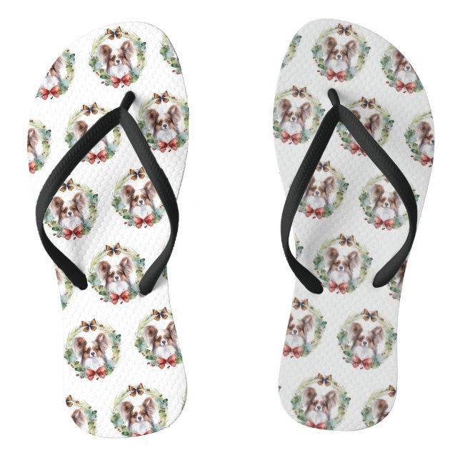 Papillon Christmas Wreath Festive Pup  Thongs (Footbed)