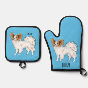Papillon dog cartoon illustration oven mitt & pot holder set