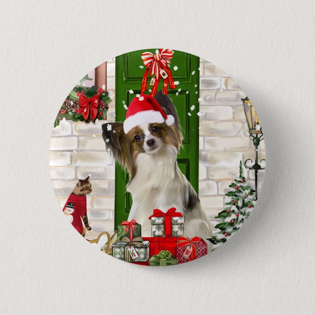Papillon Dog Christmas  6 Cm Round Badge (Front)