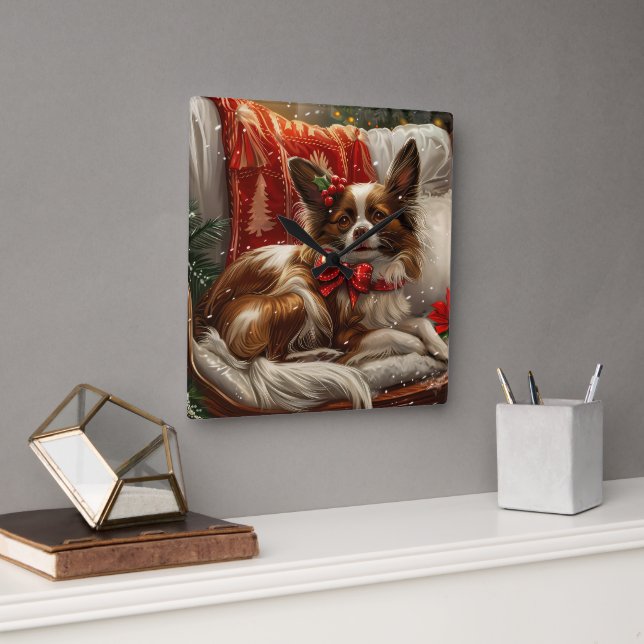 Papillon Dog Christmas Festive Square Wall Clock (Office)