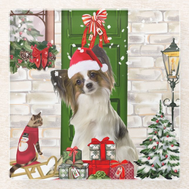 Papillon Dog Christmas  Glass Coaster (Front)