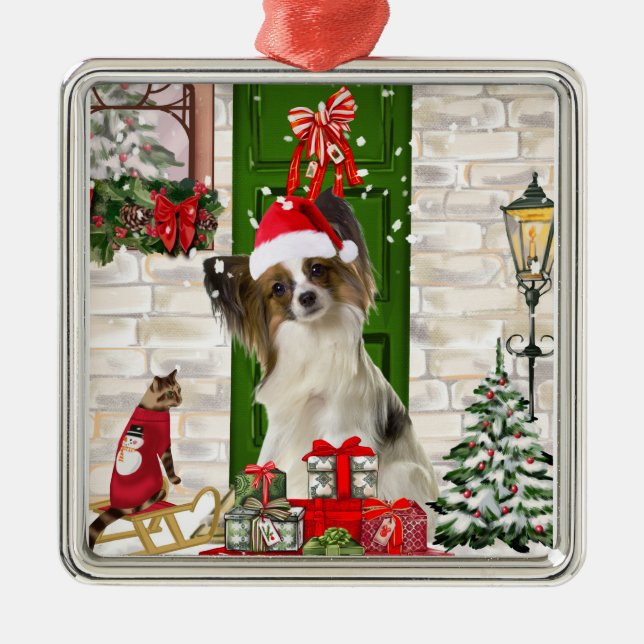 Papillon Dog Christmas  Metal Ornament (Front)