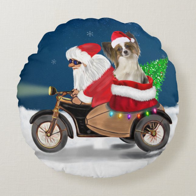 Papillon Dog Christmas Santa Claus   Round Cushion (Front)