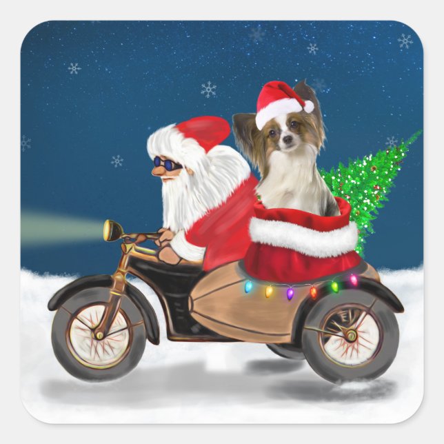 Papillon Dog Christmas Santa Claus Square Sticker (Front)