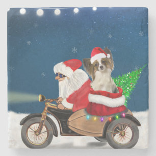 Papillon Dog Christmas Santa Claus Stone Coaster