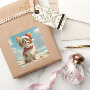 Papillon Dog Christmas Vintage Beach Square Sticker