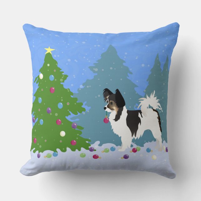 Papillon Dog Decorating Christmas Tree in Forest Cushion (Front)
