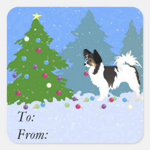 Papillon Dog Decorating Christmas Tree in Forest Square Sticker