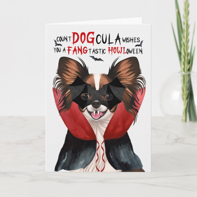 Papillon Dog Funny Count DOGcula Halloween Holiday Card (Front)