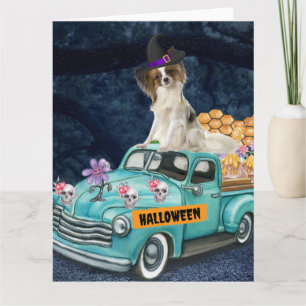 Papillon Dog Halloween Truck Scary Night  Card