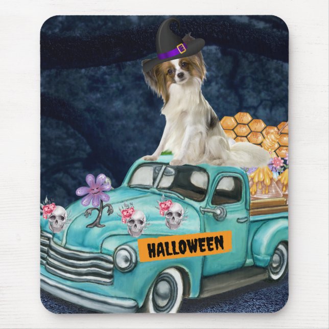 Papillon Dog Halloween Truck Scary Night  Mouse Pad (Front)