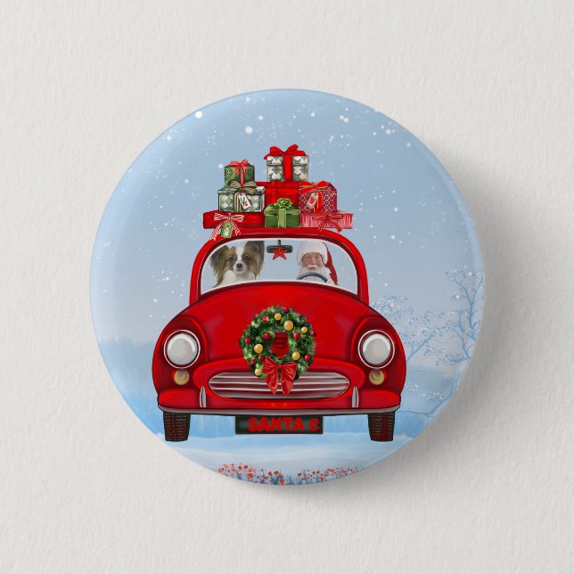 Papillon Dog In Car With Santa Claus  6 Cm Round Badge (Front)