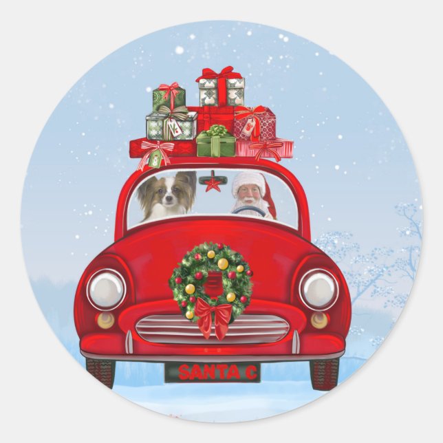 Papillon Dog In Car With Santa Claus  Classic Round Sticker (Front)