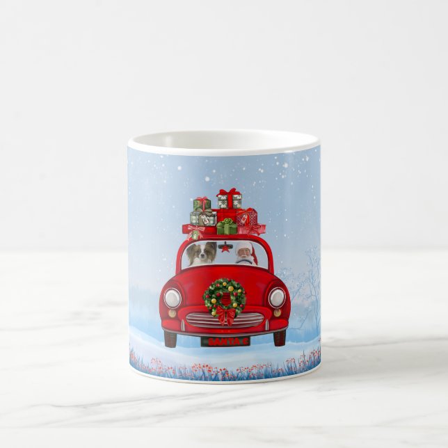 Papillon Dog In Car With Santa Claus  Coffee Mug (Center)