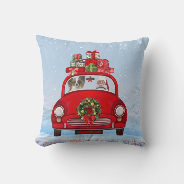 Papillon Dog In Car With Santa Claus Cushion (Front)