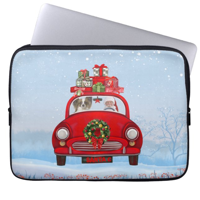 Papillon Dog In Car With Santa Claus  Laptop Sleeve (Front)