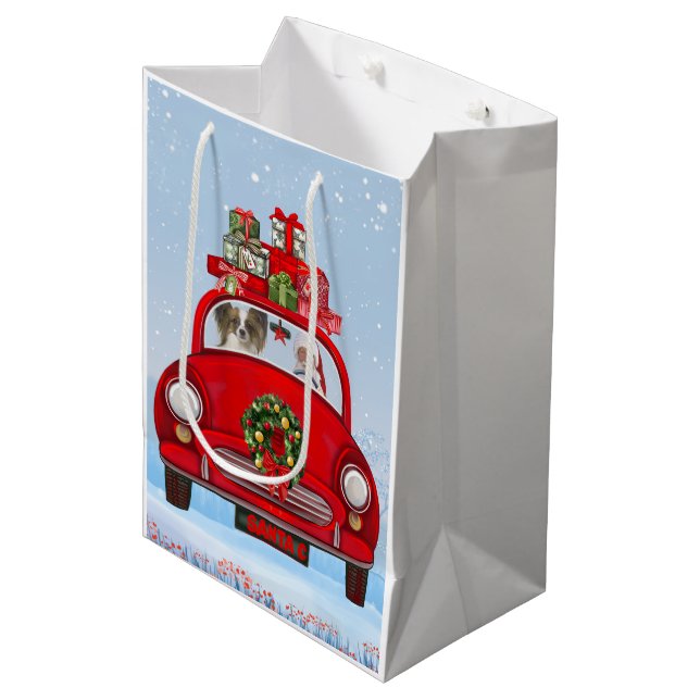 Papillon Dog In Car With Santa Claus  Medium Gift Bag (Front Angled)