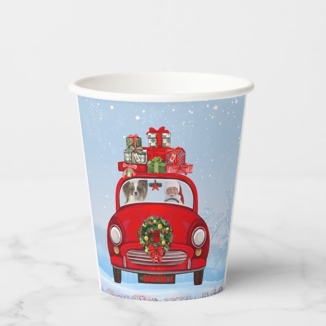 Papillon Dog In Car With Santa Claus  Paper Cups (Front)