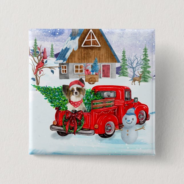Papillon Dog In Christmas Delivery Truck Snow 15 Cm Square Badge (Front)
