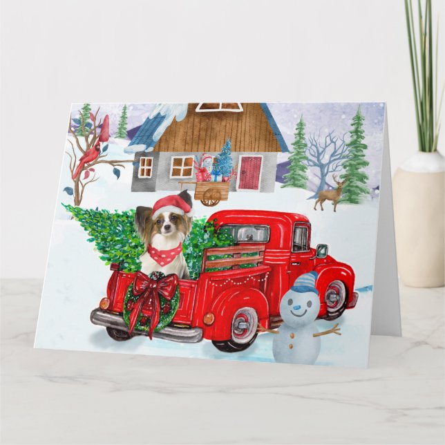 Papillon Dog In Christmas Delivery Truck Snow Card (Front)