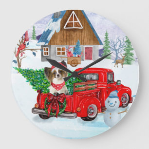 Papillon Dog In Christmas Delivery Truck Snow Large Clock