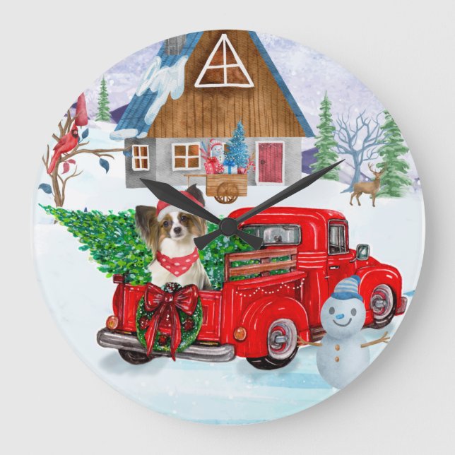 Papillon Dog In Christmas Delivery Truck Snow Large Clock (Front)