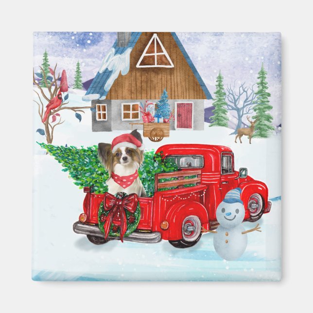 Papillon Dog In Christmas Delivery Truck Snow Magnet (Front)