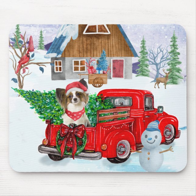 Papillon Dog In Christmas Delivery Truck Snow Mouse Pad (Front)